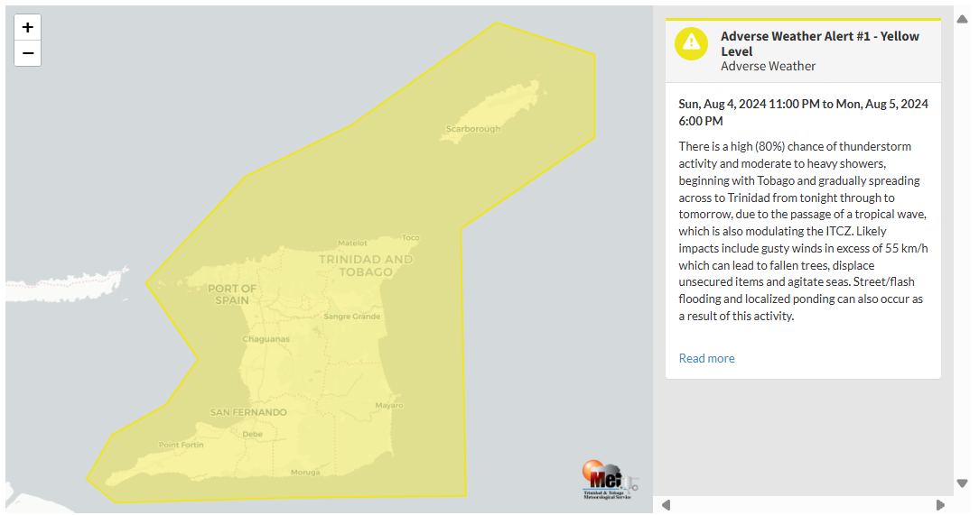 Adverse Weather Alert information from the Trinidad and Tobago Meteorological Service