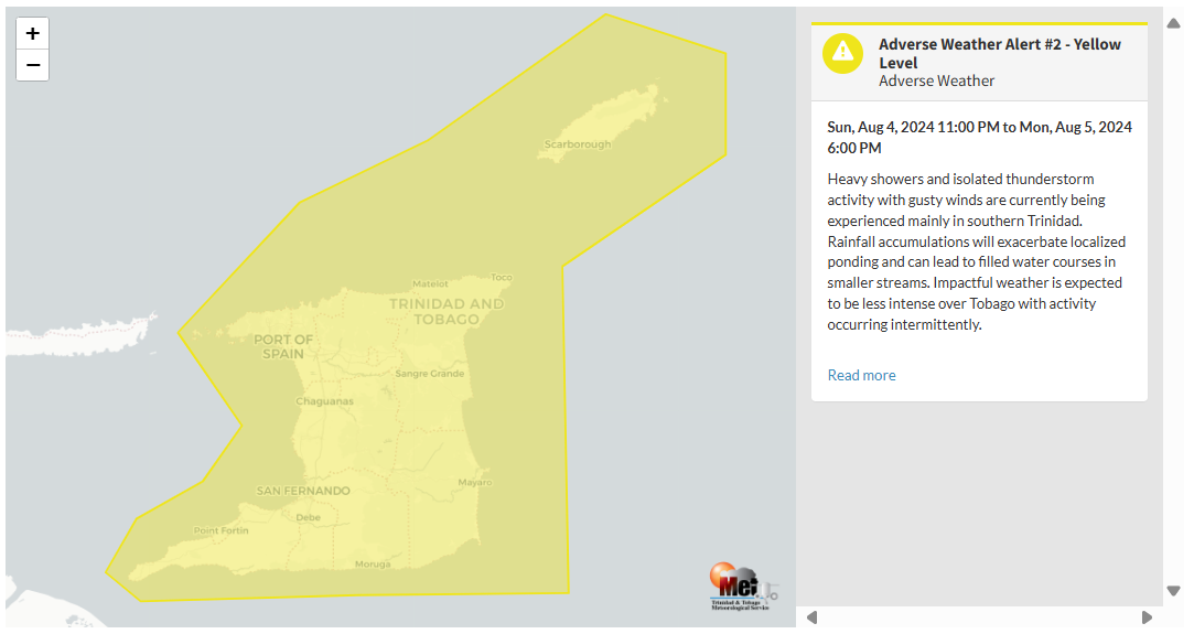 Adverse Weather Alert information from the Trinidad and Tobago Meteorological Service