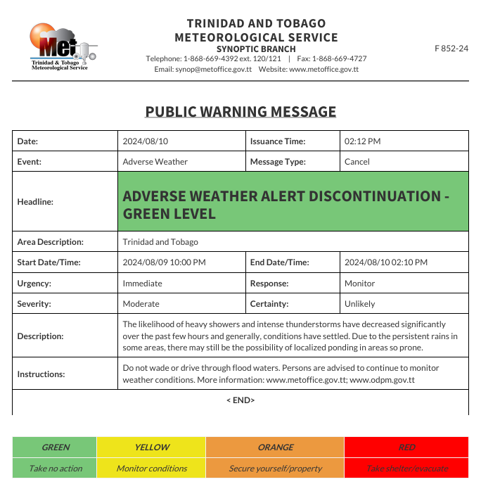 Adverse Weather Alert information from the Trinidad and Tobago Meteorological Service