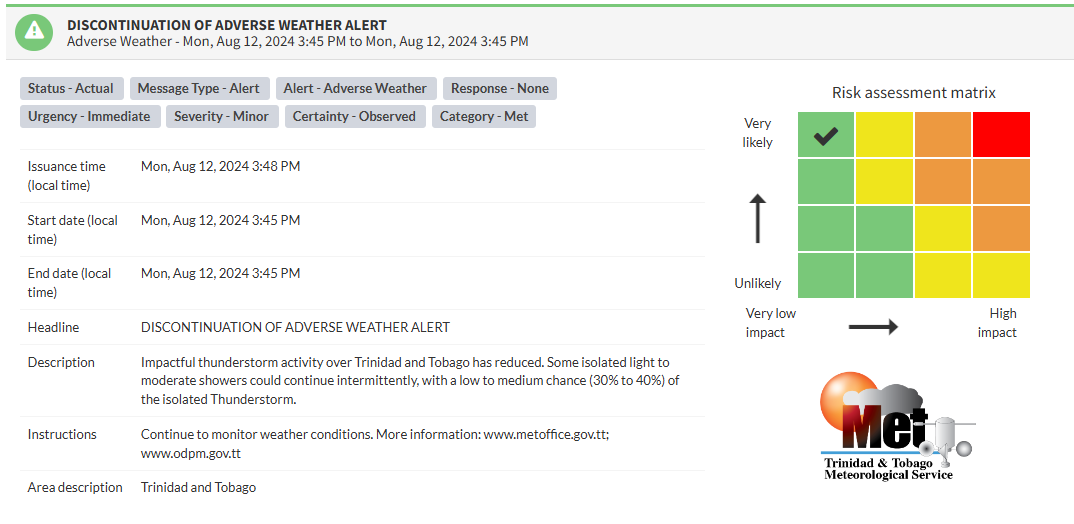 Adverse Weather Alert information from the Trinidad and Tobago Meteorological Service