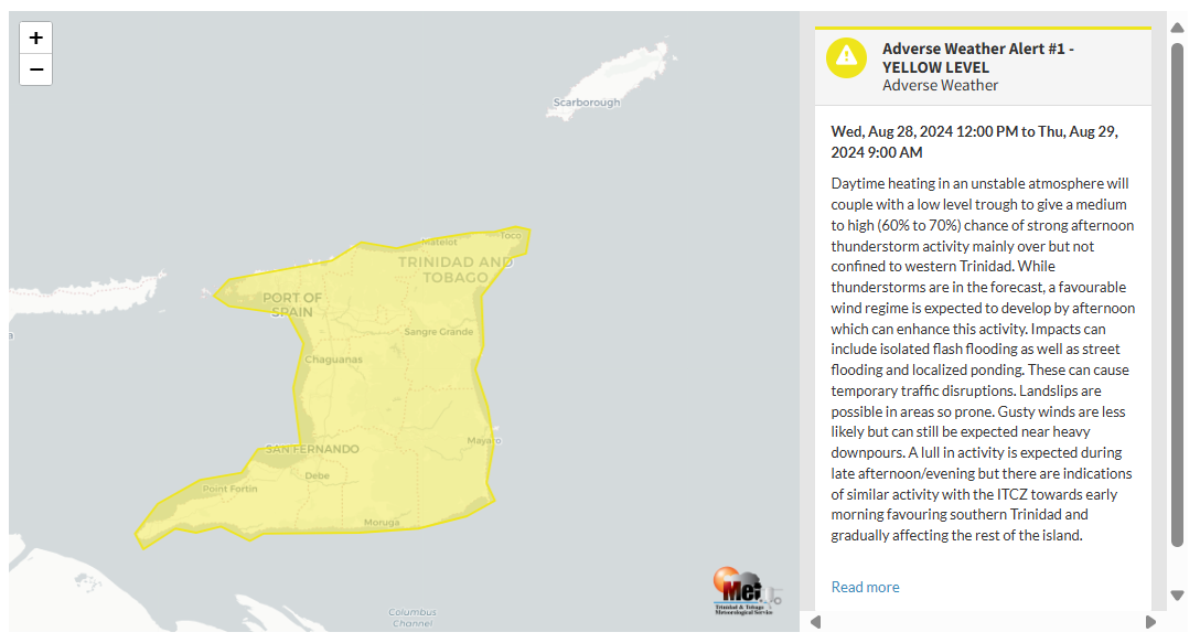 Adverse Weather Alert information from the Trinidad and Tobago Meteorological Service