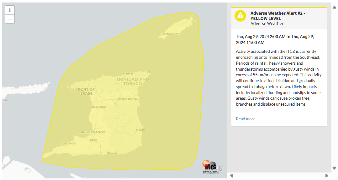 Adverse Weather Alert information from the Trinidad and Tobago Meteorological Service