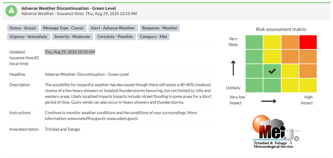 Adverse Weather Alert information from the Trinidad and Tobago Meteorological Service