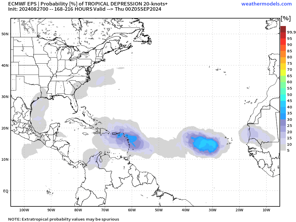 The probability of winds exceeding around 20 knots (37 KM/H), with the highest probabilities during the middle of next week across the Leewards and Greater Antilles, showing the general movement of the area of disturbed weather. (Weathermodels.com)