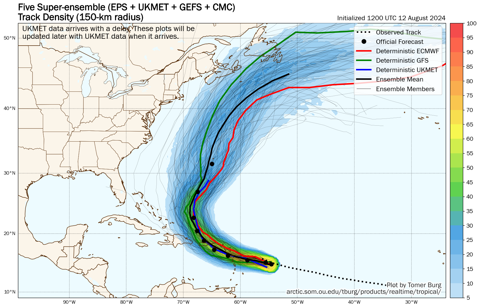 12Z Monday, August 12th, 2024, deterministic and hurricane model guidance for Tropical Storm Ernesto, showing clustered possible tracks from the top leading global models. (Tomer Burg)