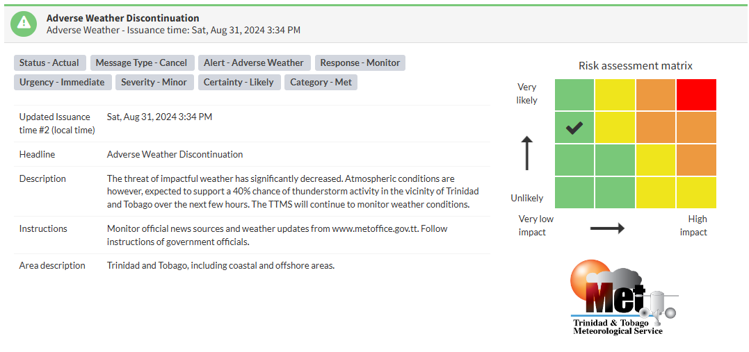 Adverse Weather Alert information from the Trinidad and Tobago Meteorological Service