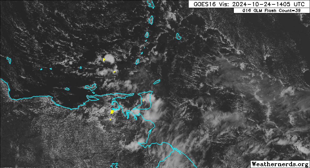 A satellite loop of fast-moving showers and thunderstorms east of T&T moving toward the area (Image:Weathernerds.org)