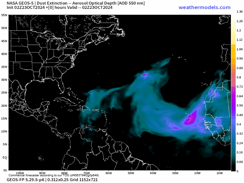 00Z Wednesday, October 23rd, 2024, NASA GEOS-5 Dust Extinction Monitoring Tropical Atlantic Dust Aerosol Optical Depth showing Saharan Dust. (Weathermodels.com)