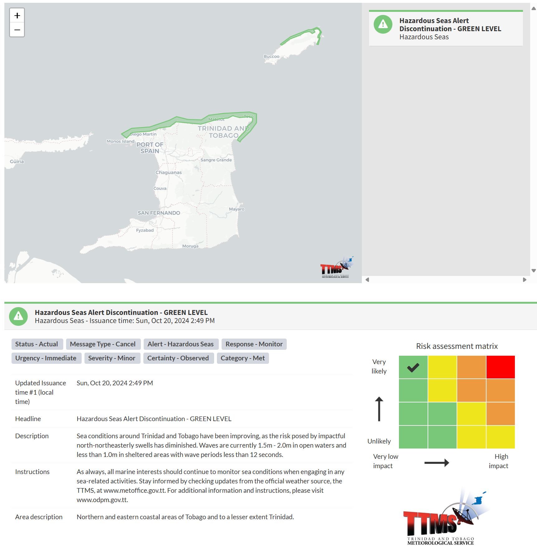 Hazardous Seas Alert information from the Trinidad and Tobago Meteorological Service