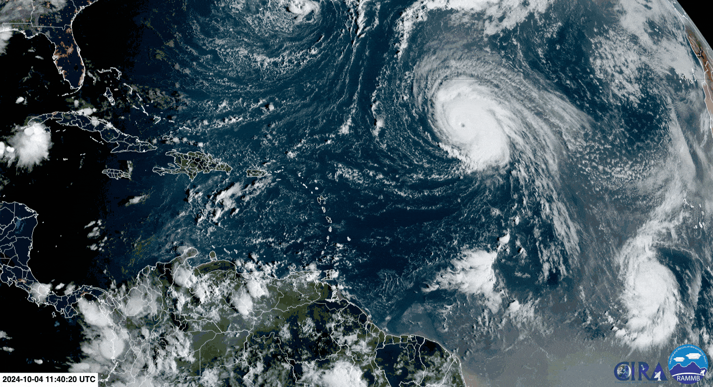 Hurricane Kirk and Tropical Storm Leslie in the East Atlantic Ocean, well north and east of the Lesser Antilles as of Friday, October 4th, 2024 (CIRA)