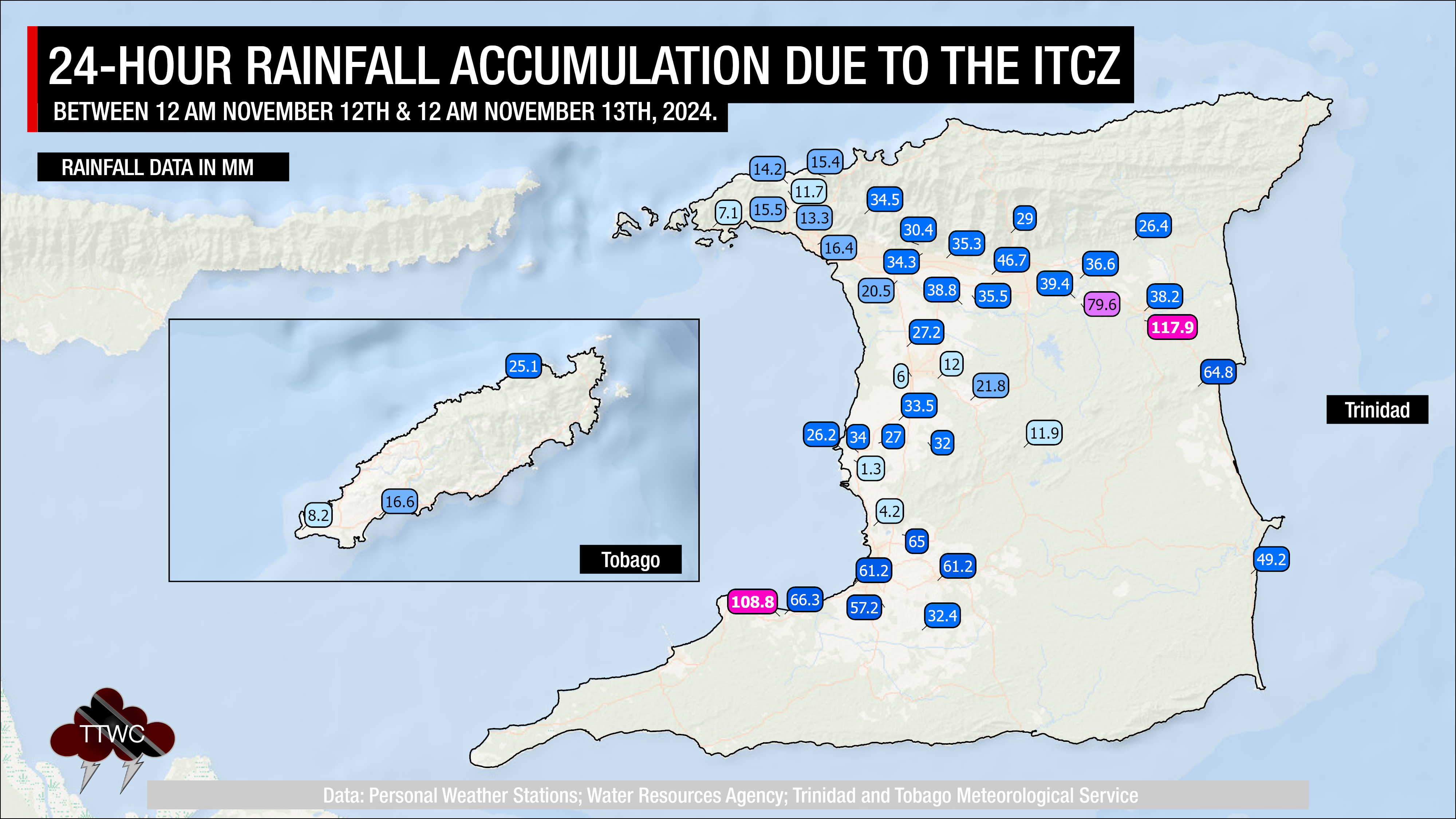 24-hour rainfall accumulations associated with the Intertropical Convergence Zone across Trinidad and Tobago.