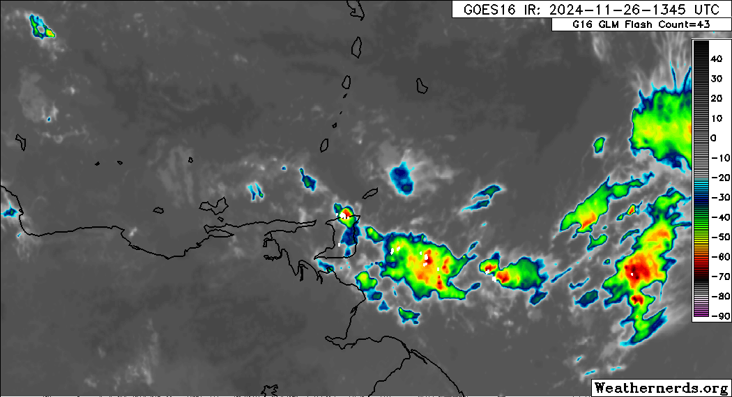 A satellite loop of showers and thunderstorms affecting Trinidad and, toward the end of the loop, Tobago.