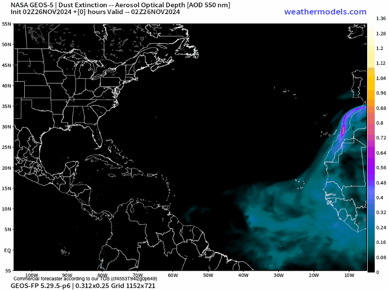 00Z Tuesday, November 26th, 2024, NASA GEOS-5 Dust Extinction Monitoring Tropical Atlantic Dust Aerosol Optical Depth showing Saharan Dust. (Weathermodels.com)