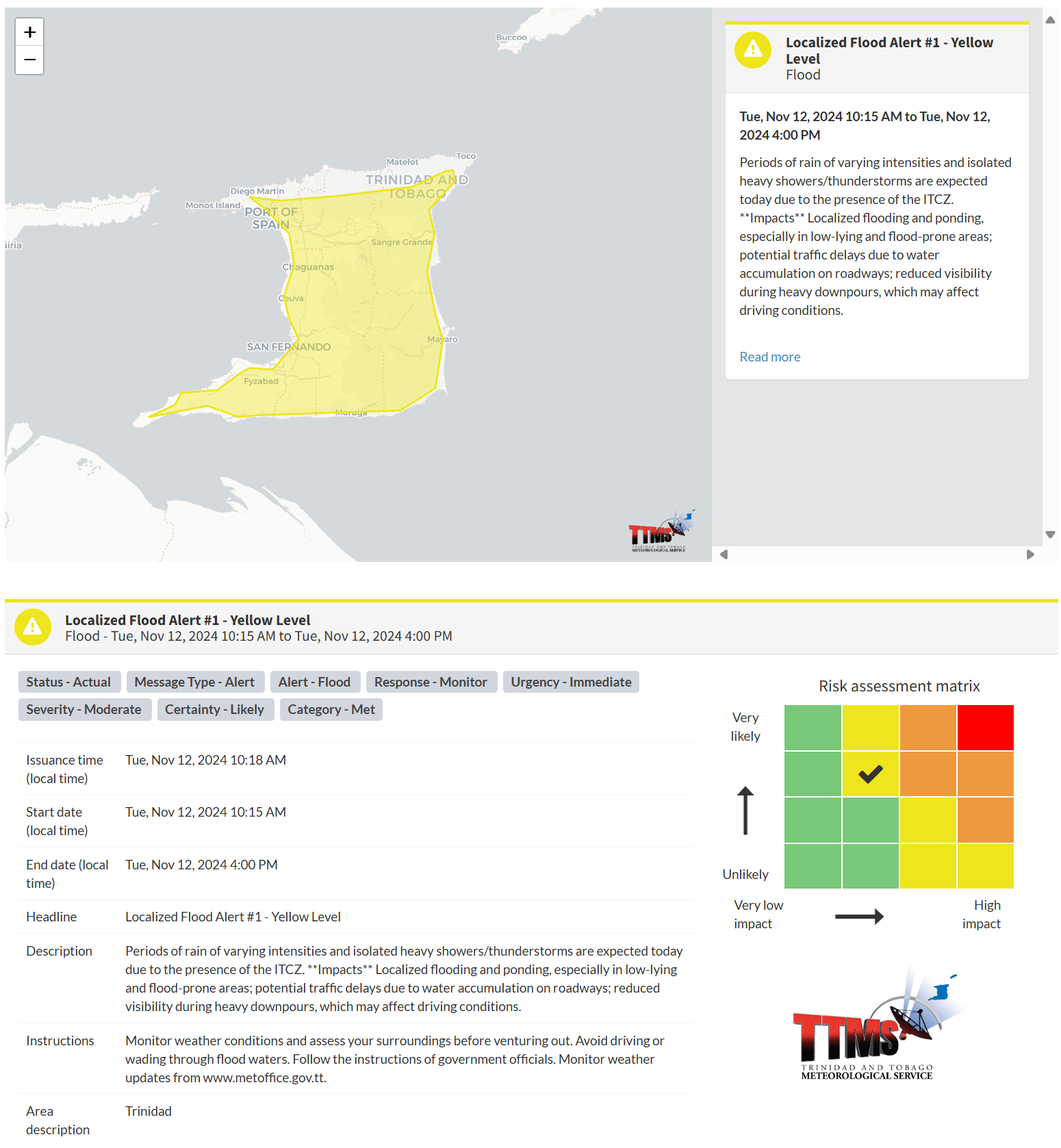 Localized Flood Alert information from the Trinidad and Tobago Meteorological Service