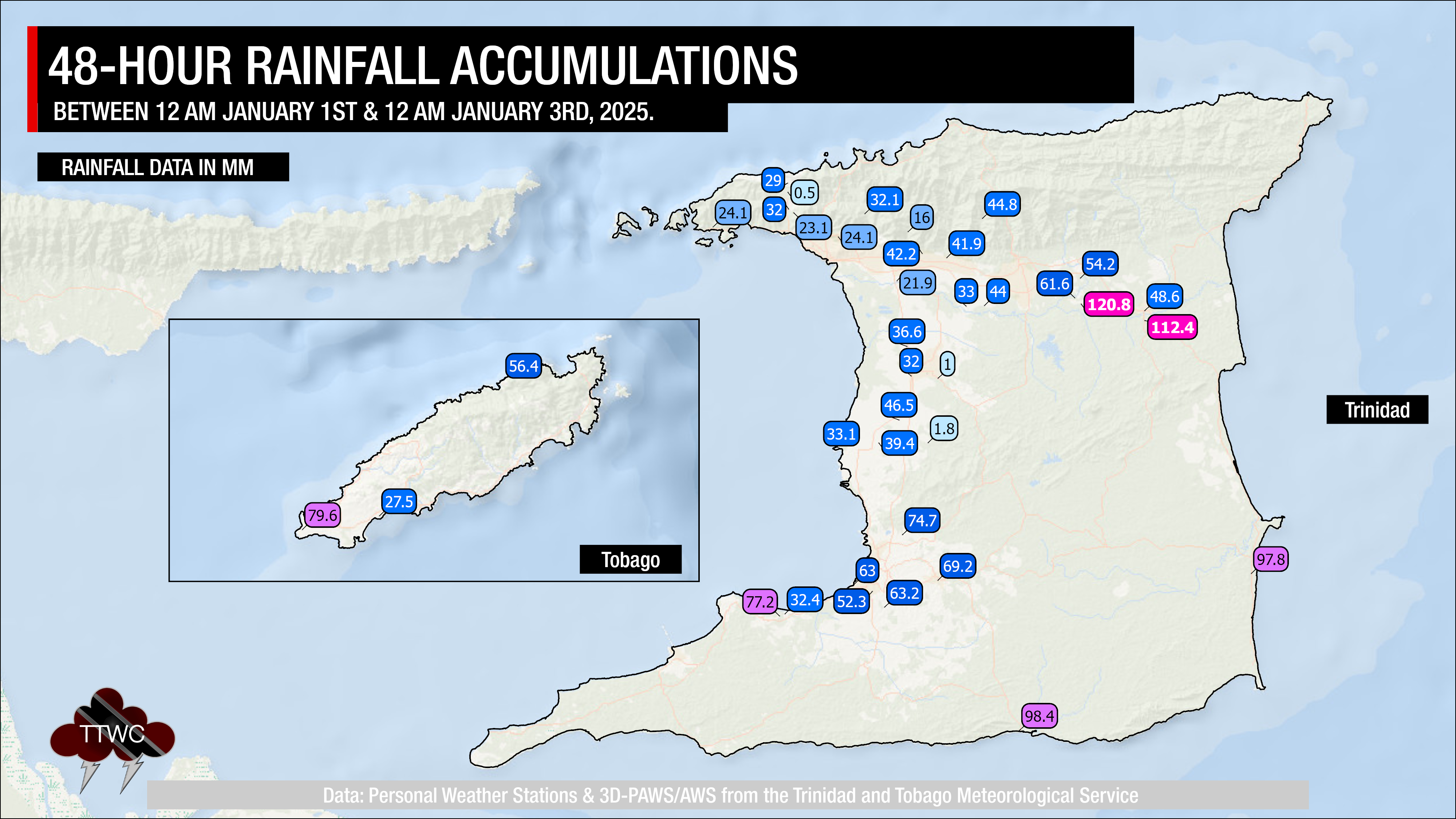 48-hour rainfall accumulations across the country as periods of rainfall continue to affect Trinidad and Tobago.