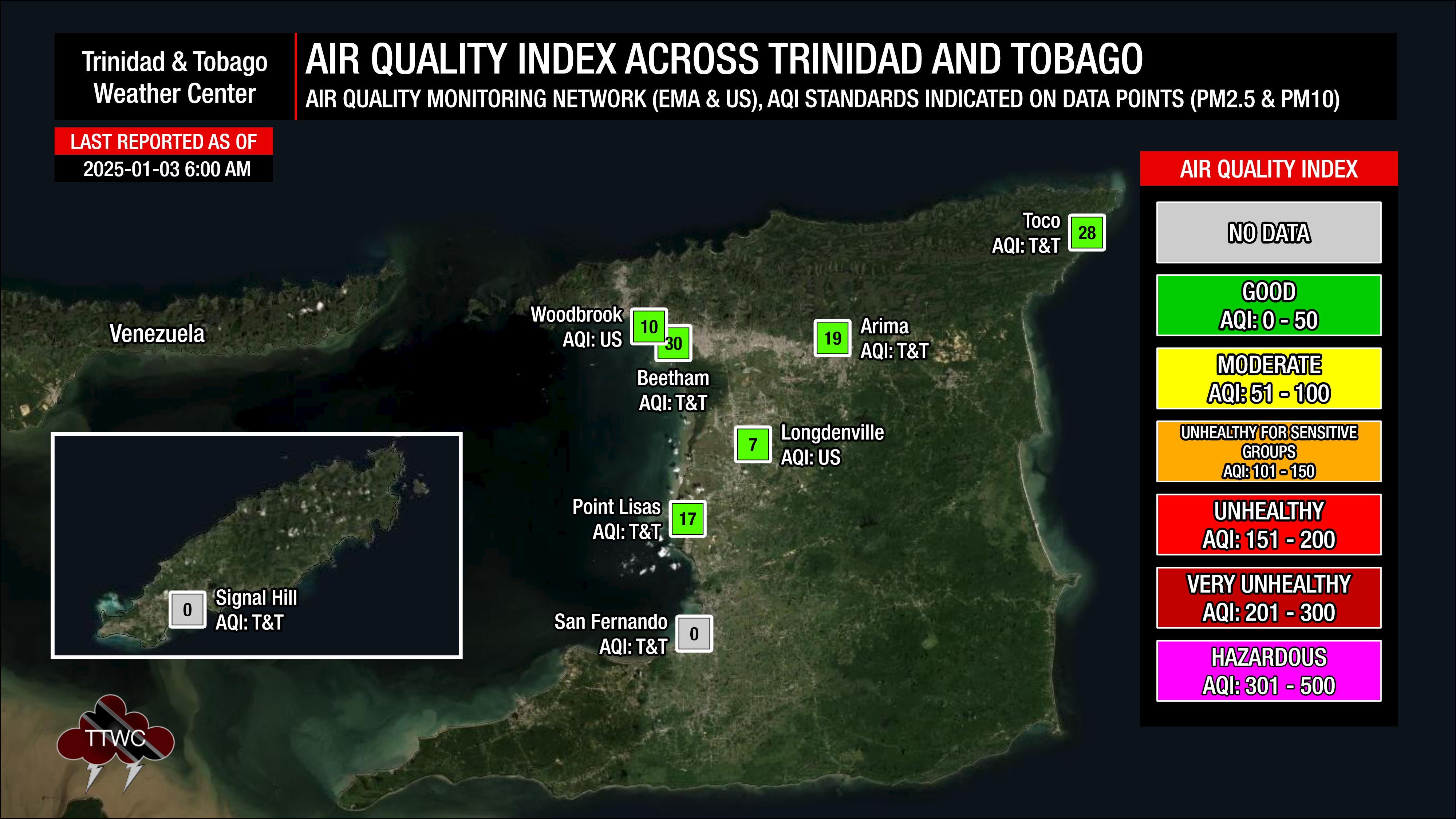 Current air quality index across Trinidad and Tobago as of 6:00 AM Friday, January 3rd, 2025.