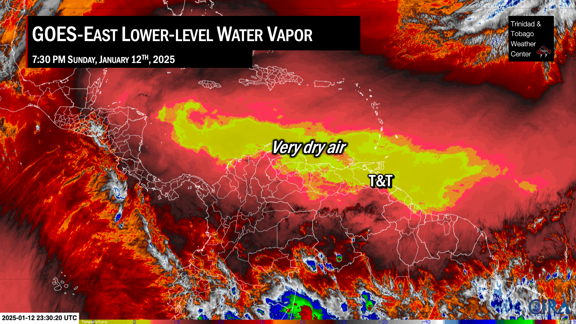 Very dry air, seen on low-level water vapor imagery, across the Windwards, T&T, and northern South America on Sunday, January 12th, 2025 (RAMMB/CIRA)