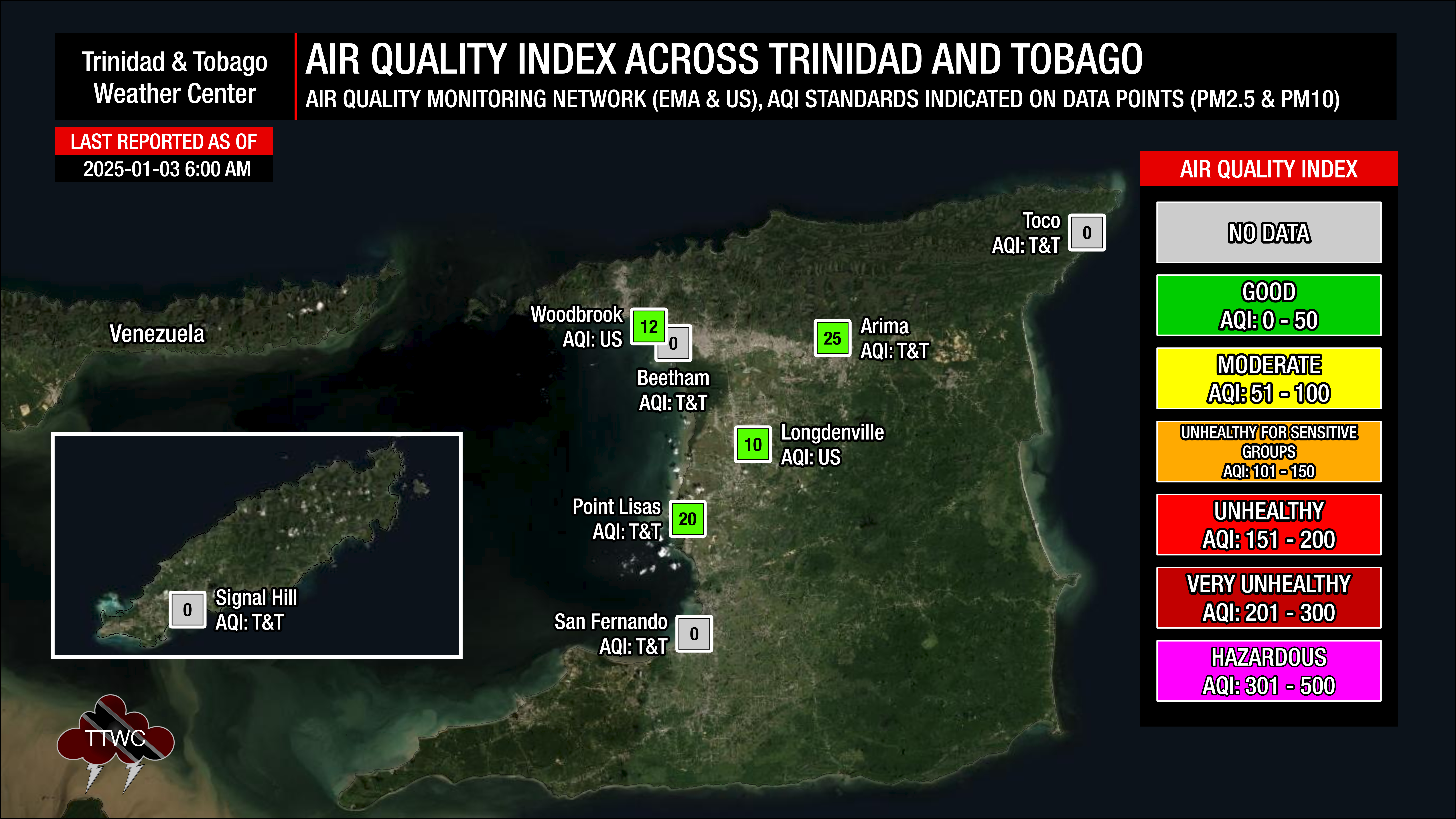 Current air quality index across Trinidad and Tobago as of 3:00 PM Sunday, January 19th, 2025.