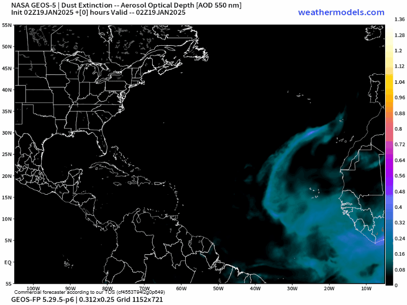 00Z Sunday, January 19th, 2025, NASA GEOS-5 Dust Extinction Monitoring Tropical Atlantic Dust Aerosol Optical Depth showing Saharan Dust. (Weathermodels.com)