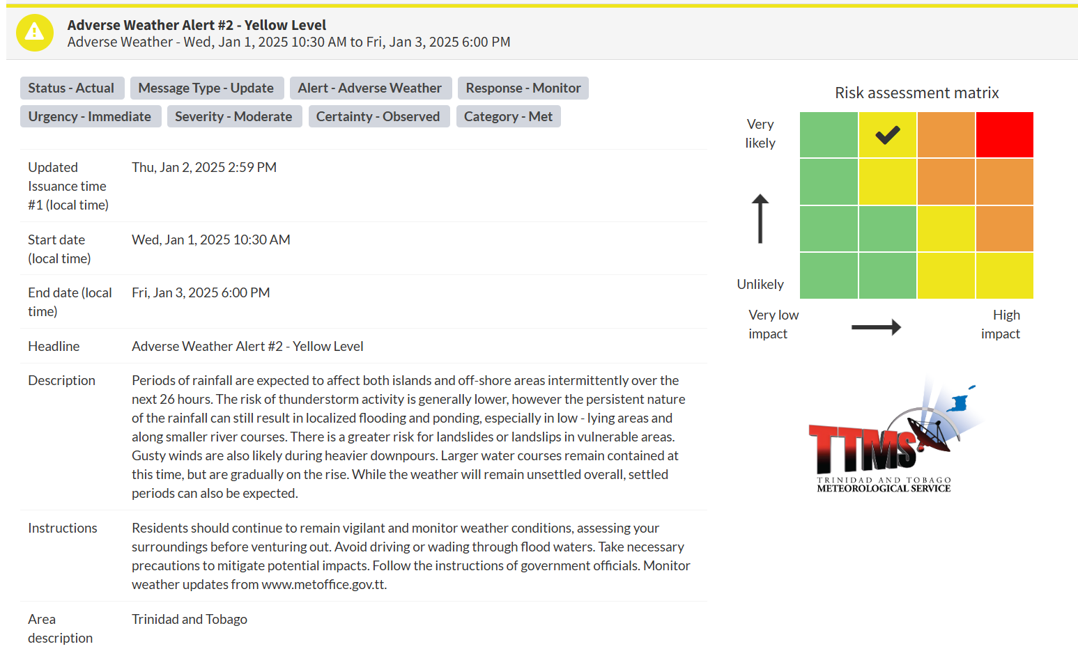 Adverse Weather Alert information from the Trinidad and Tobago Meteorological Service