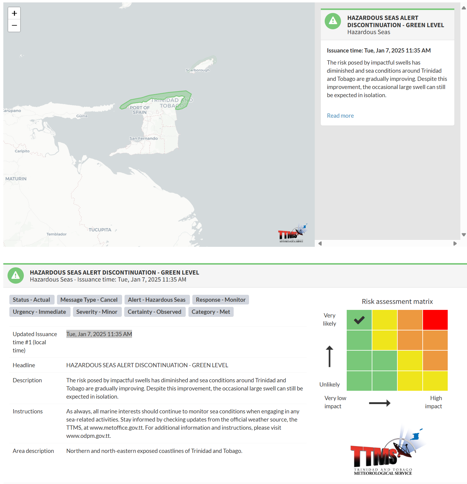 Hazardous Seas Alert information from the Trinidad and Tobago Meteorological Service