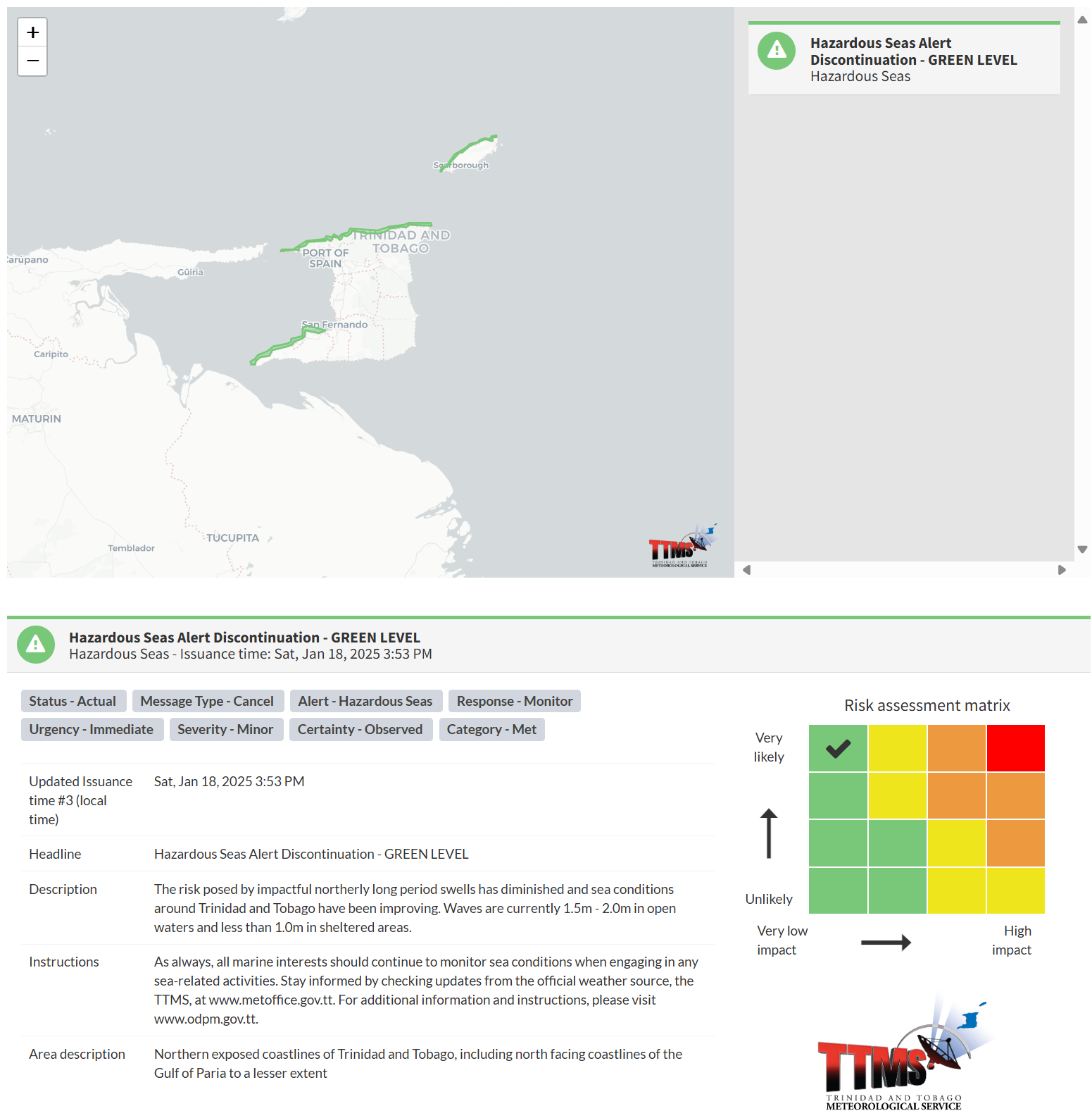 Hazardous Seas Alert information from the Trinidad and Tobago Meteorological Service