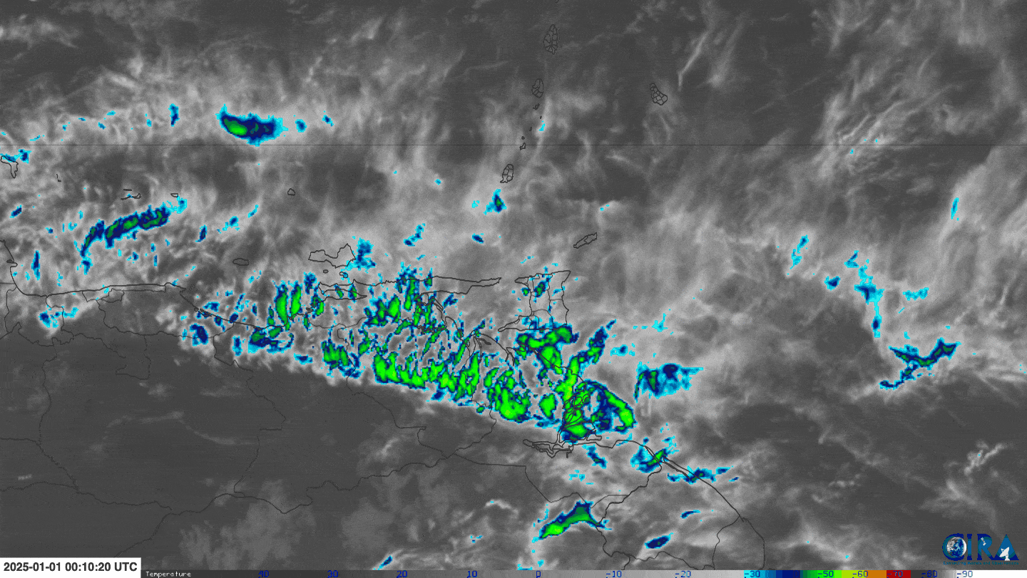 A satellite loop of showers and thunderstorms mainly south and east of Trinidad on January 1st. 2025 (RAMMB/CIRA)
