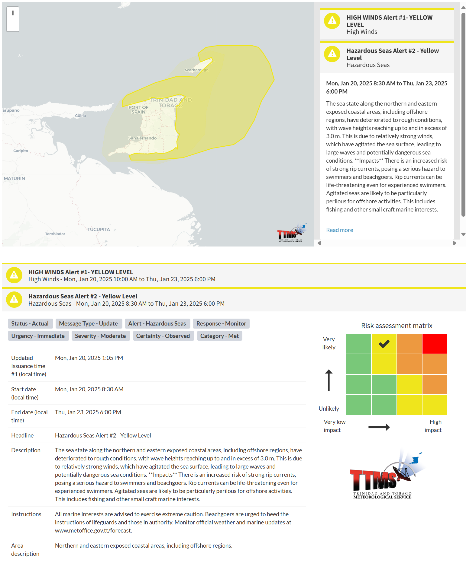 Hazardous Seas Alert information from the Trinidad and Tobago Meteorological Service
