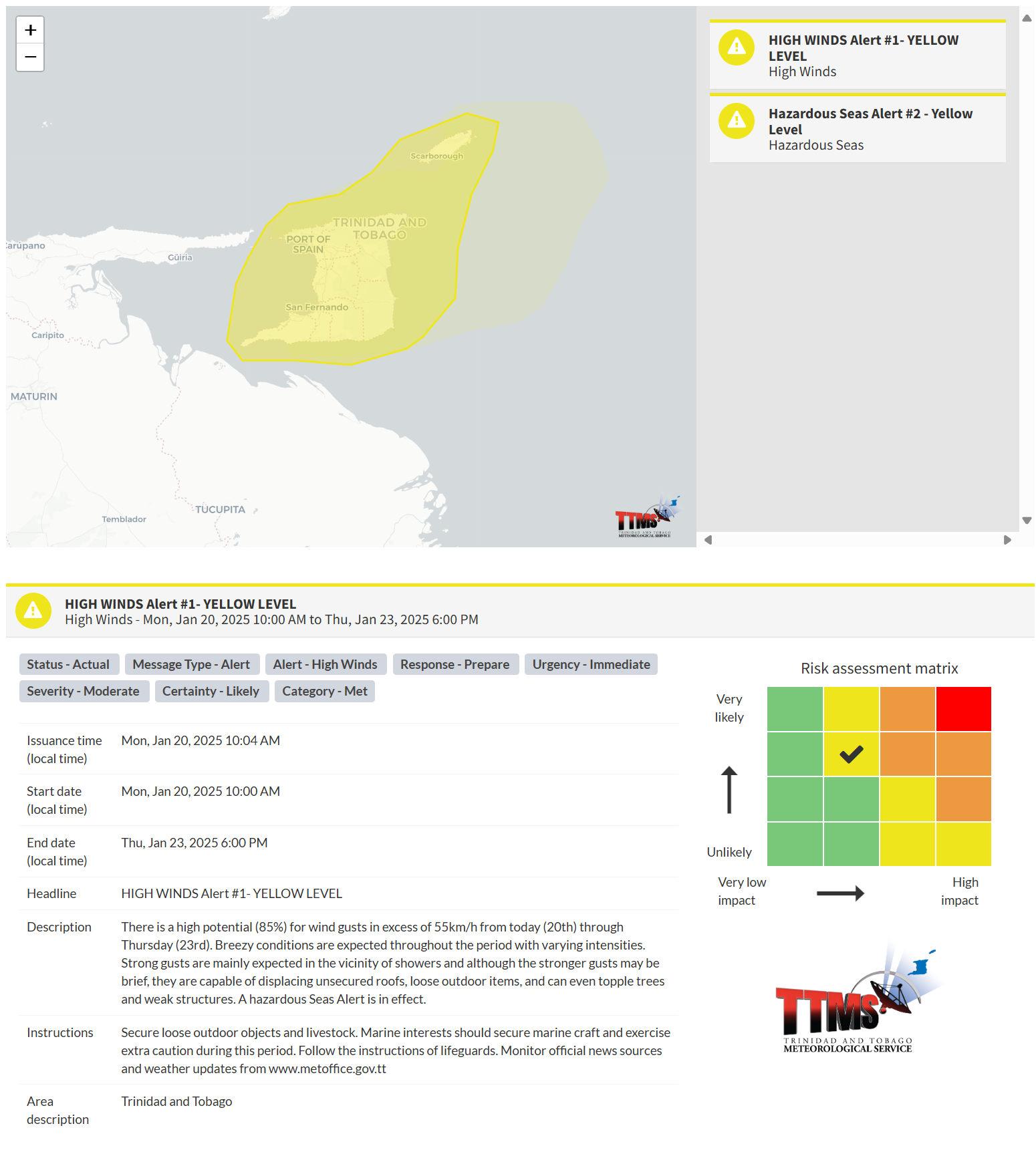 High Wind Alert information from the Trinidad and Tobago Meteorological Service