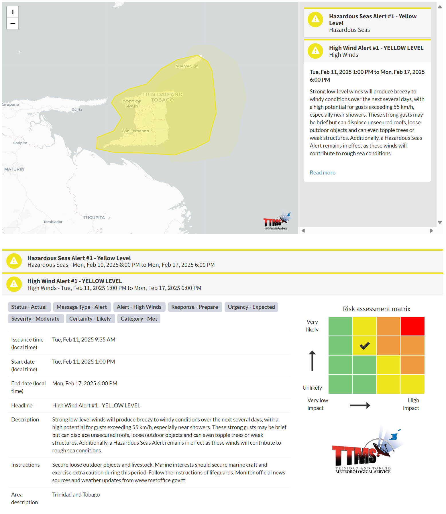High Wind Alert information from the Trinidad and Tobago Meteorological Service