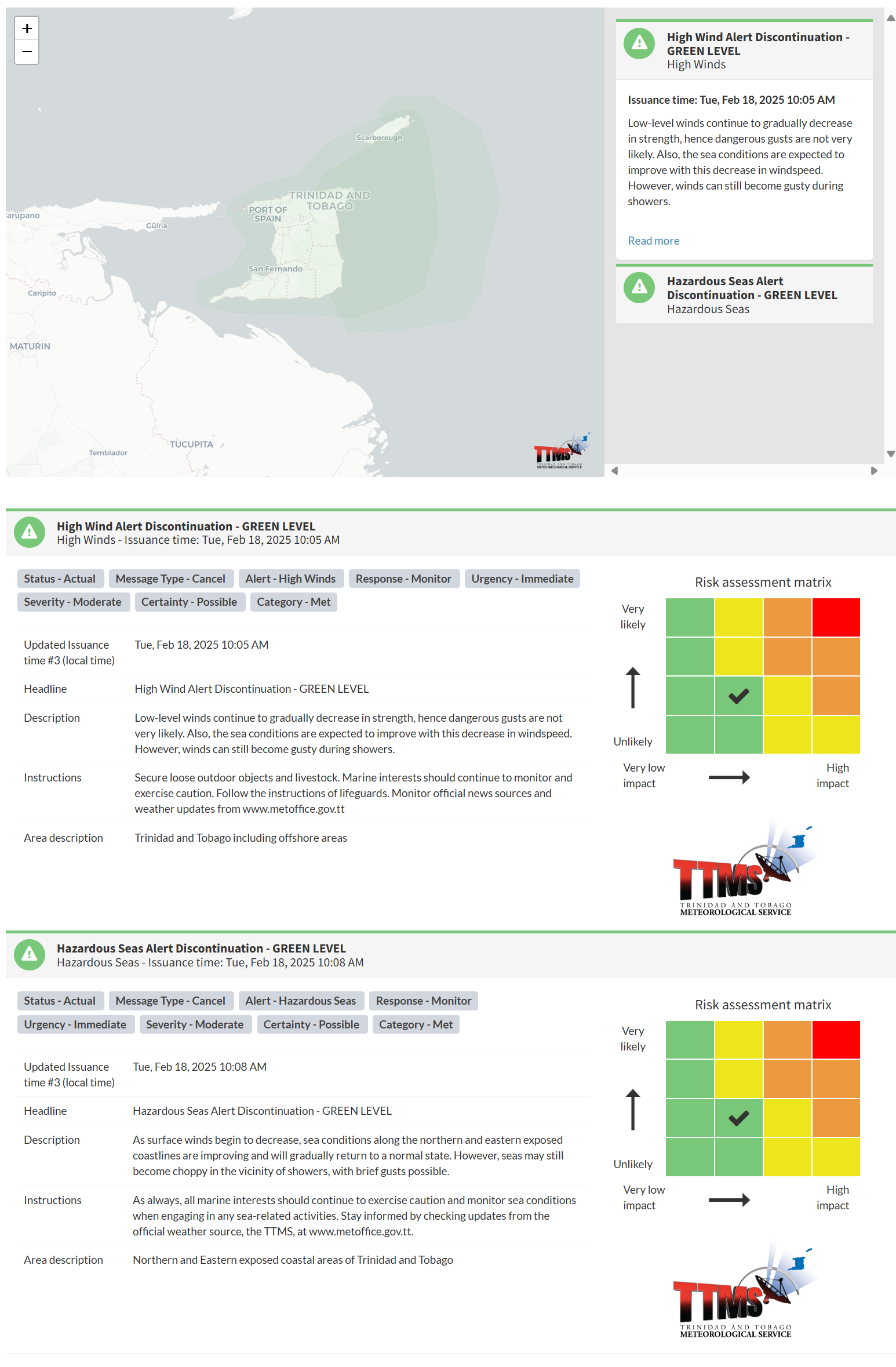 High Wind Alert and Hazardous Seas Alert information from the Trinidad and Tobago Meteorological Service