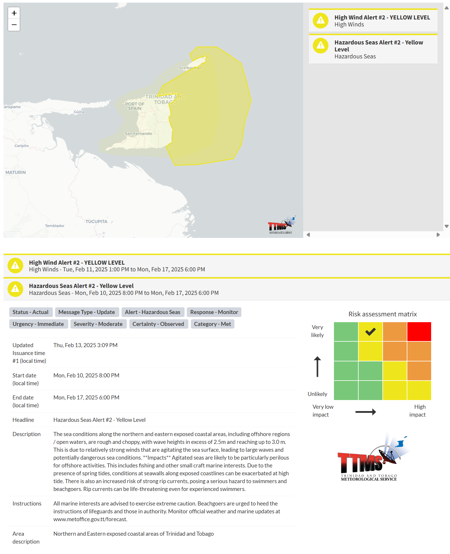 Hazardous Seas Alert information from the Trinidad and Tobago Meteorological Service