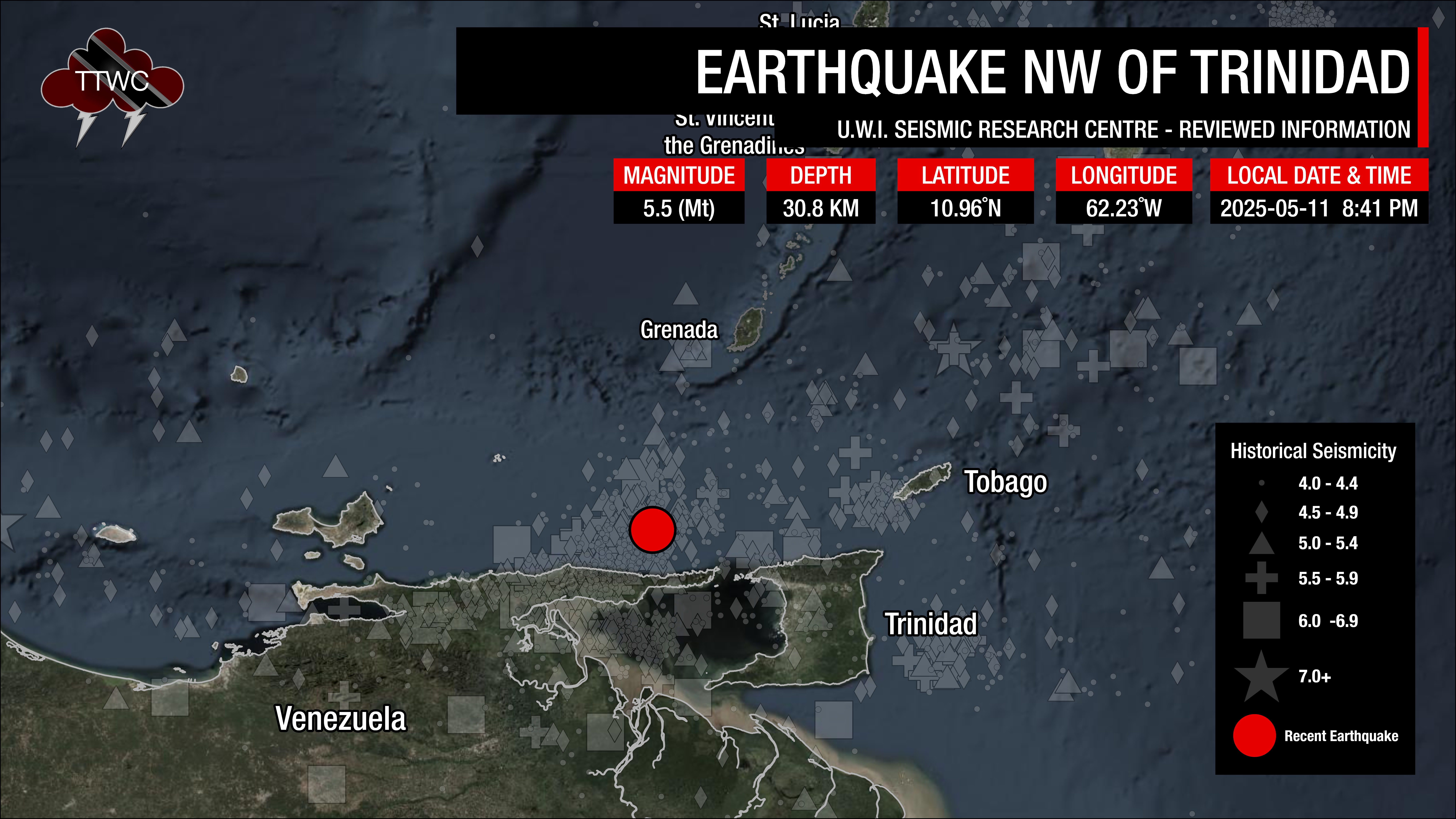 Information from the UWI SRC concerning the earthquake northwest of Trinidad.