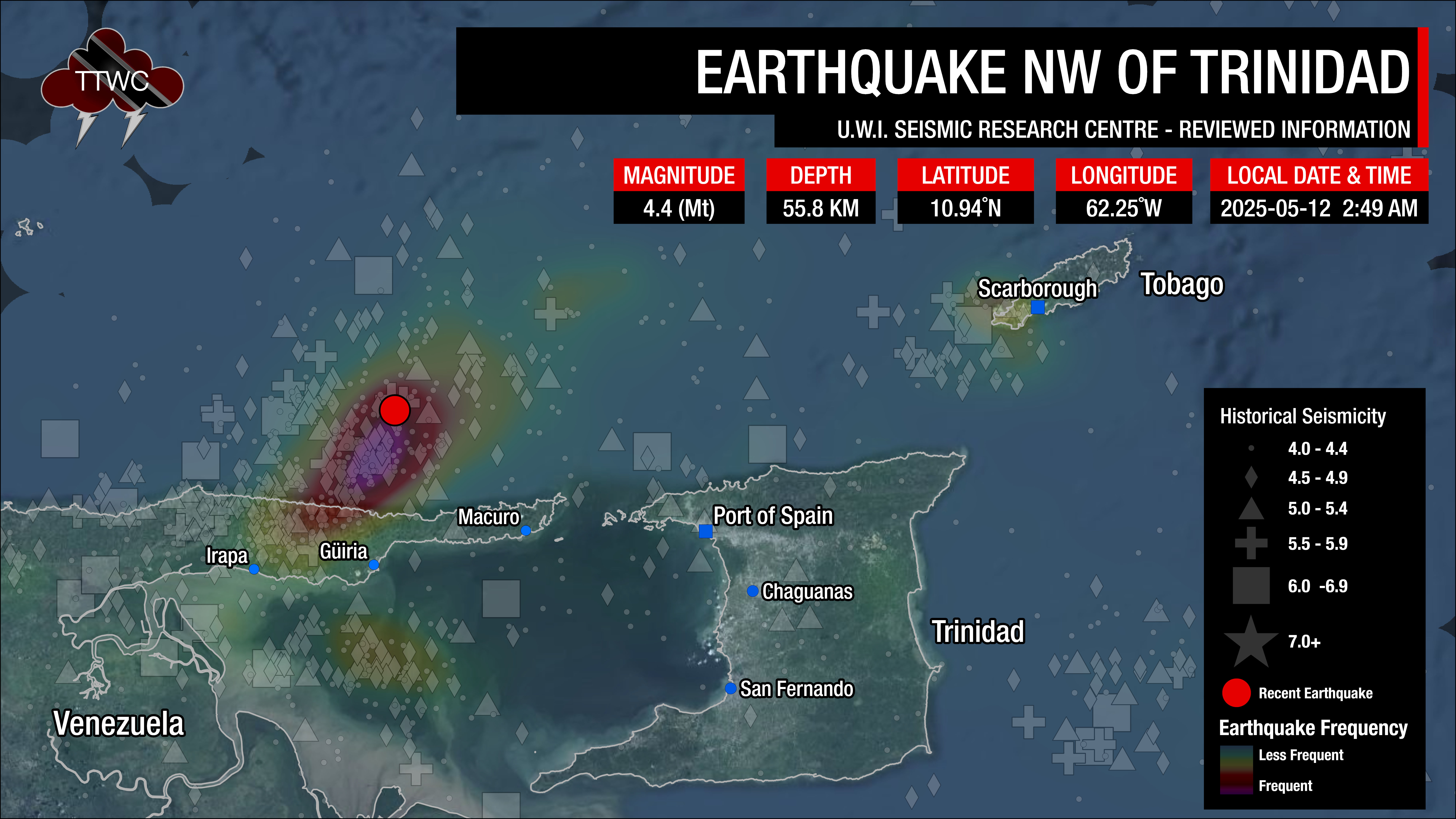 Historical seismicity is shown as a heat map, showing that the highest number of (most frequent) earthquakes occur north of the Paria Peninsula, also known as Seismic Zone 1.