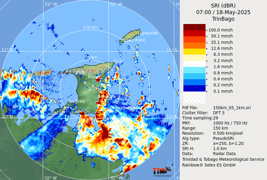 Radar loop on Sunday, May 18th, 2025 of showers and thunderstorms across Trinidad.
