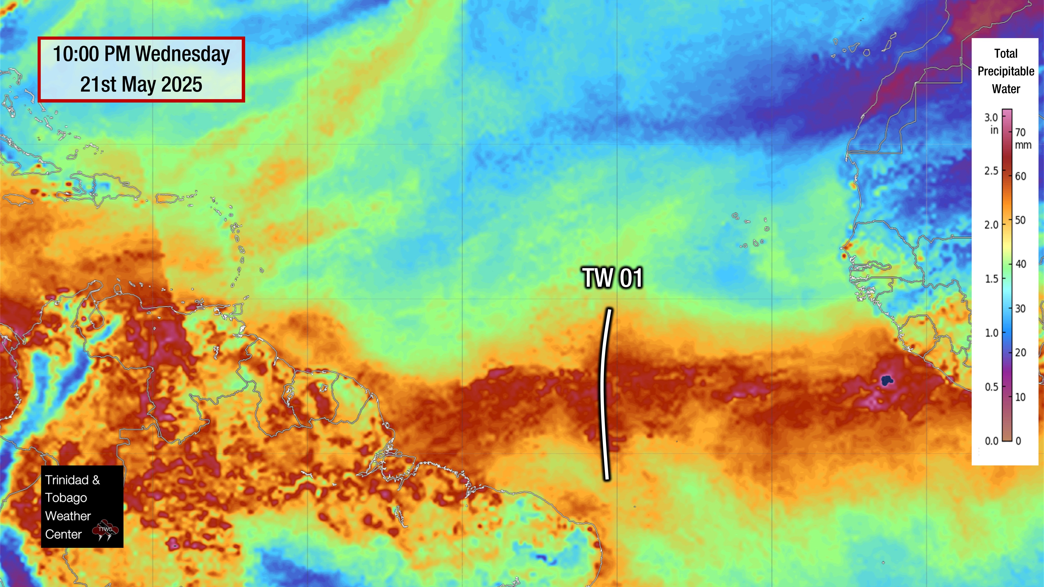 Total Precipitable Water Imagery showing the axis of Tropical Wave 01 moving across the Atlantic as of 10:00 PM May 21st, 2025.