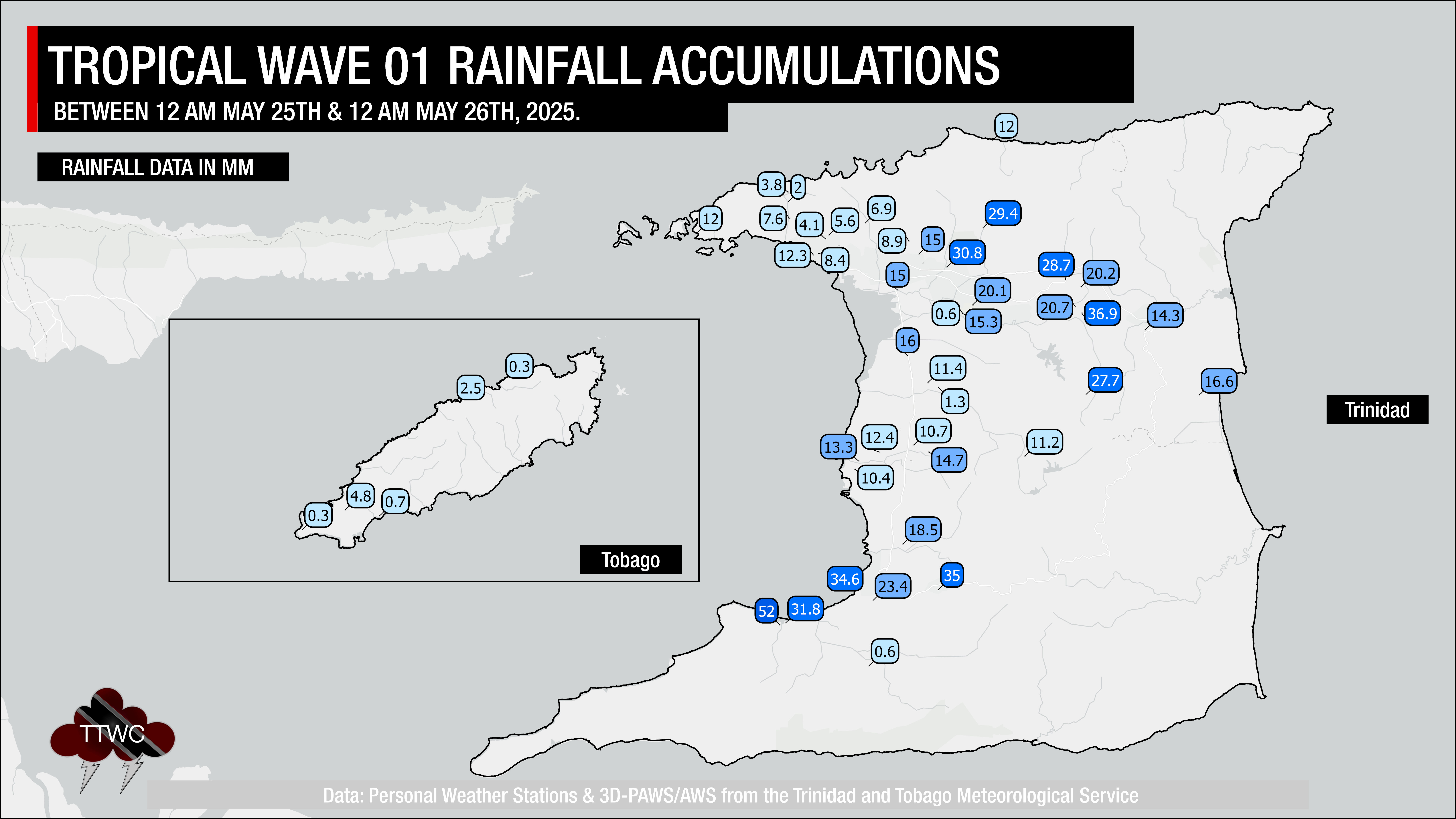 24-hour rainfall accumulations associated with Tropical Wave 01.