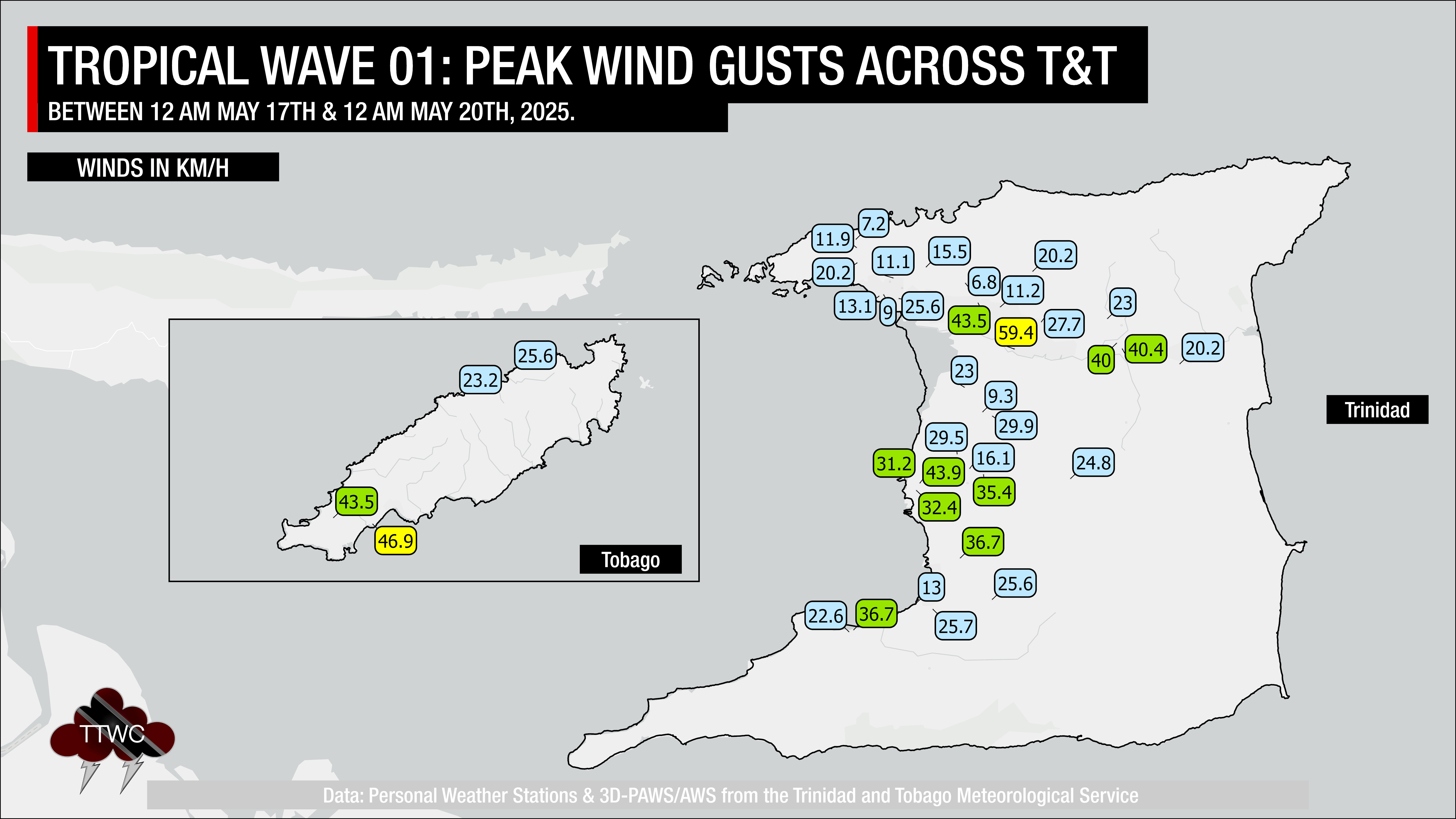 Peak wind gusts across the country associated with Tropical Wave 01