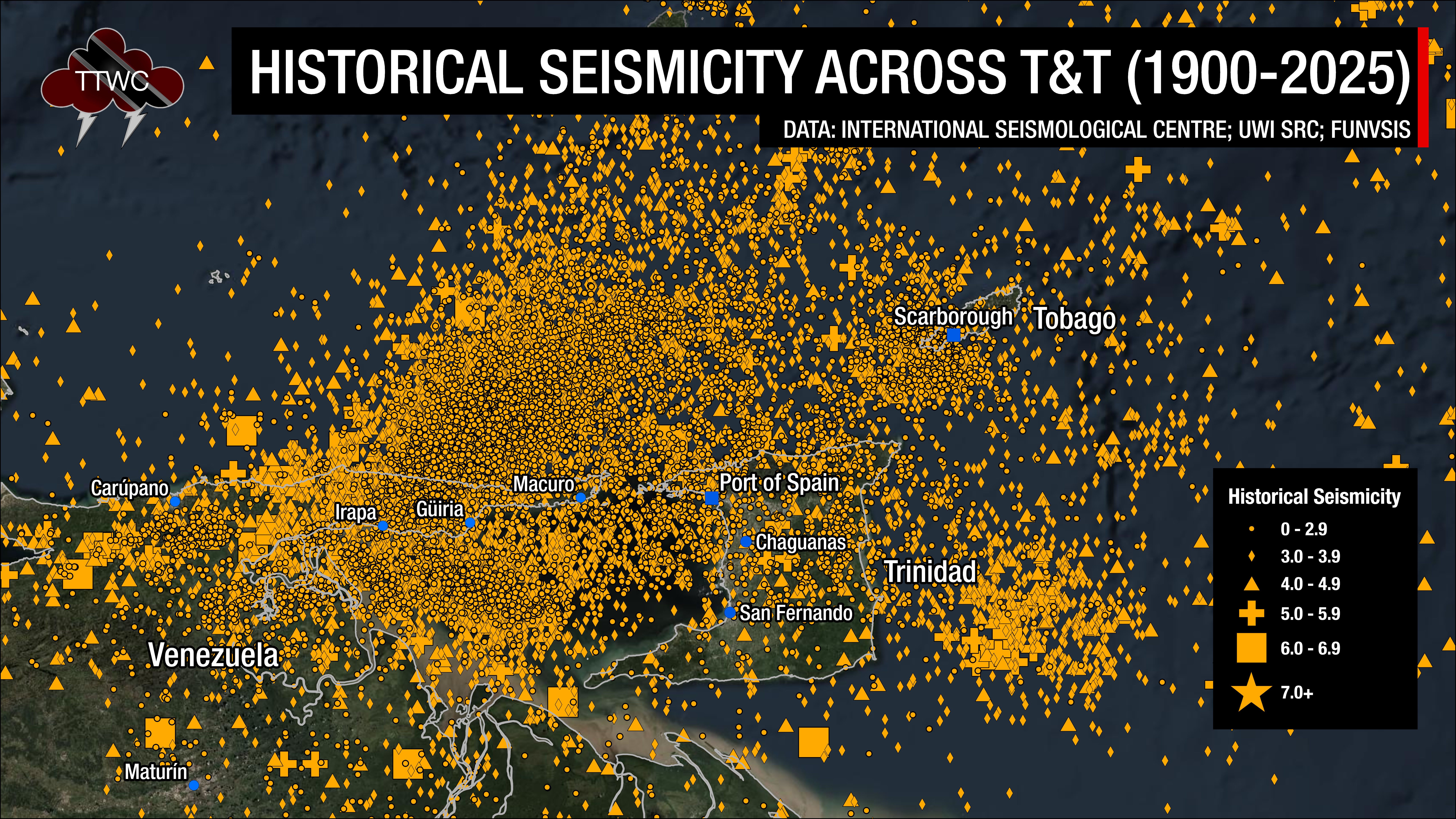 Seismicity across Trinidad and Tobago, showing thousands of earthquakes recorded since 1900.