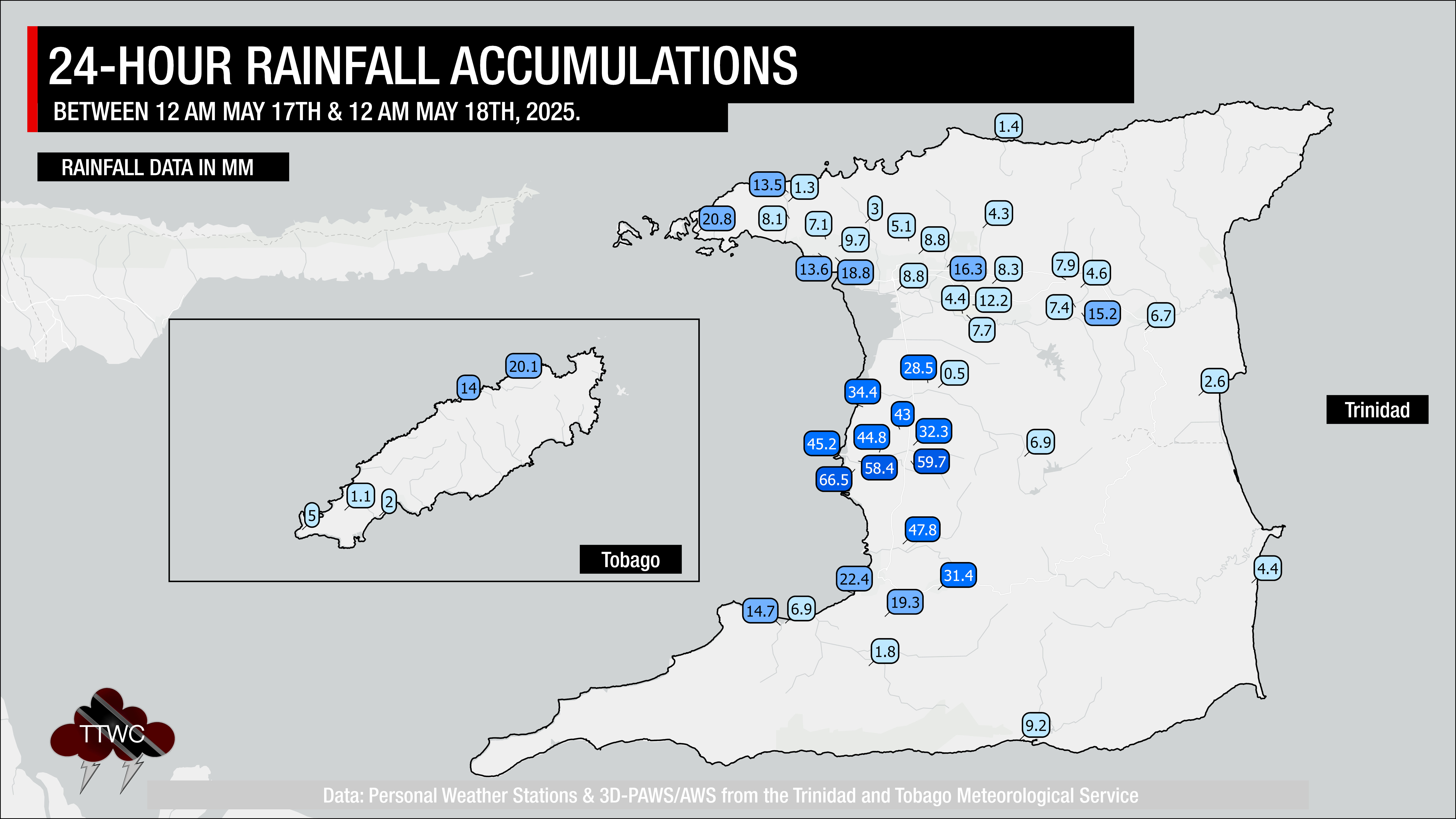 24-hour rainfall accumulations across Trinidad and Tobago on Saturday, May 17th, 2025.