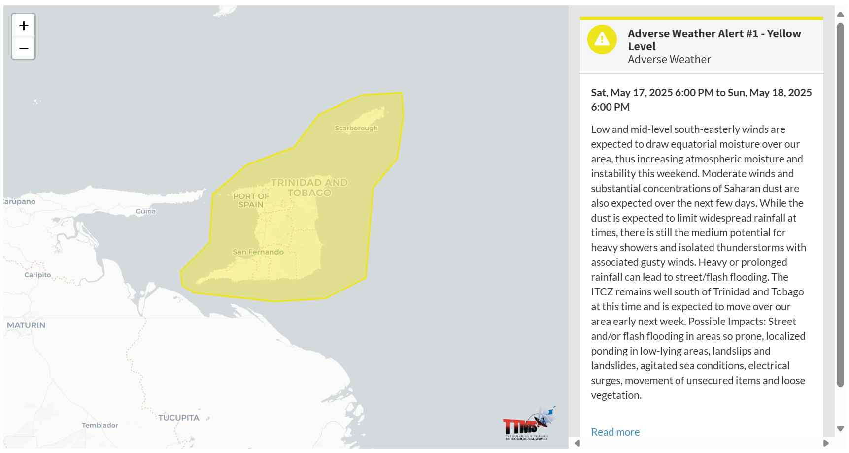 Adverse Weather Alert information from the Trinidad and Tobago Meteorological Service