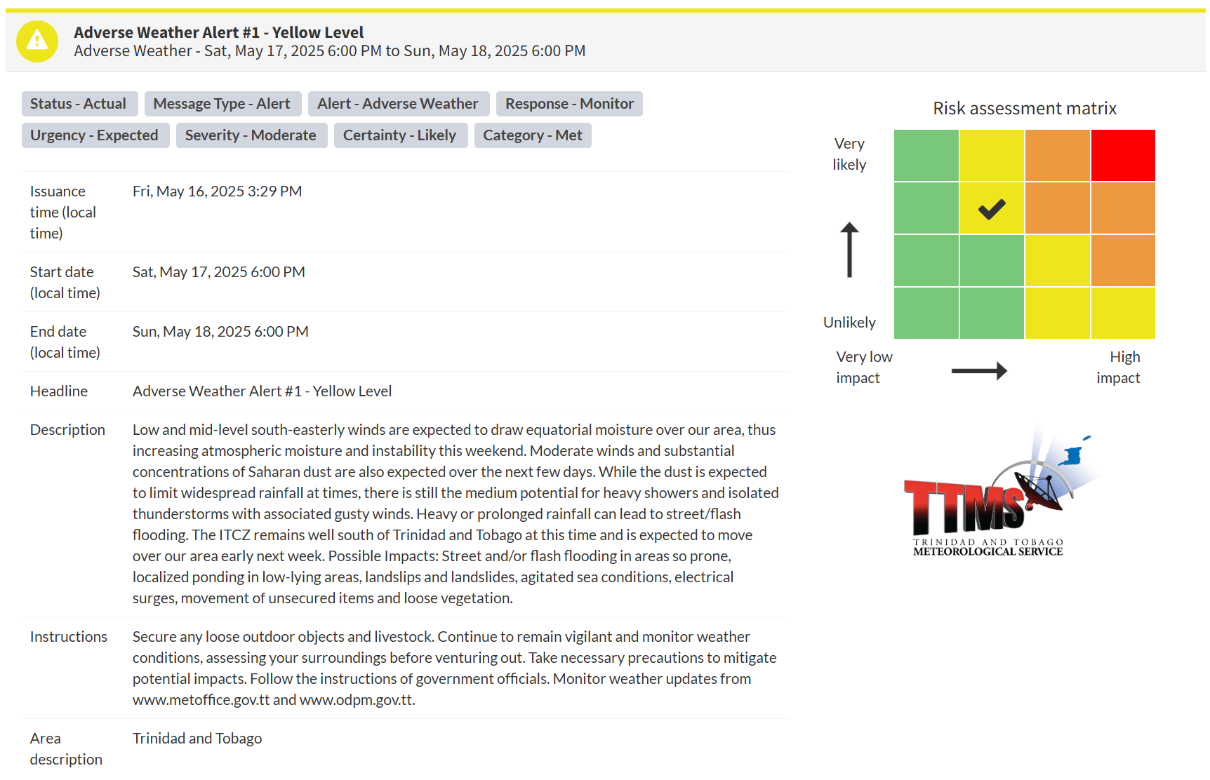 Adverse Weather Alert information from the Trinidad and Tobago Meteorological Service