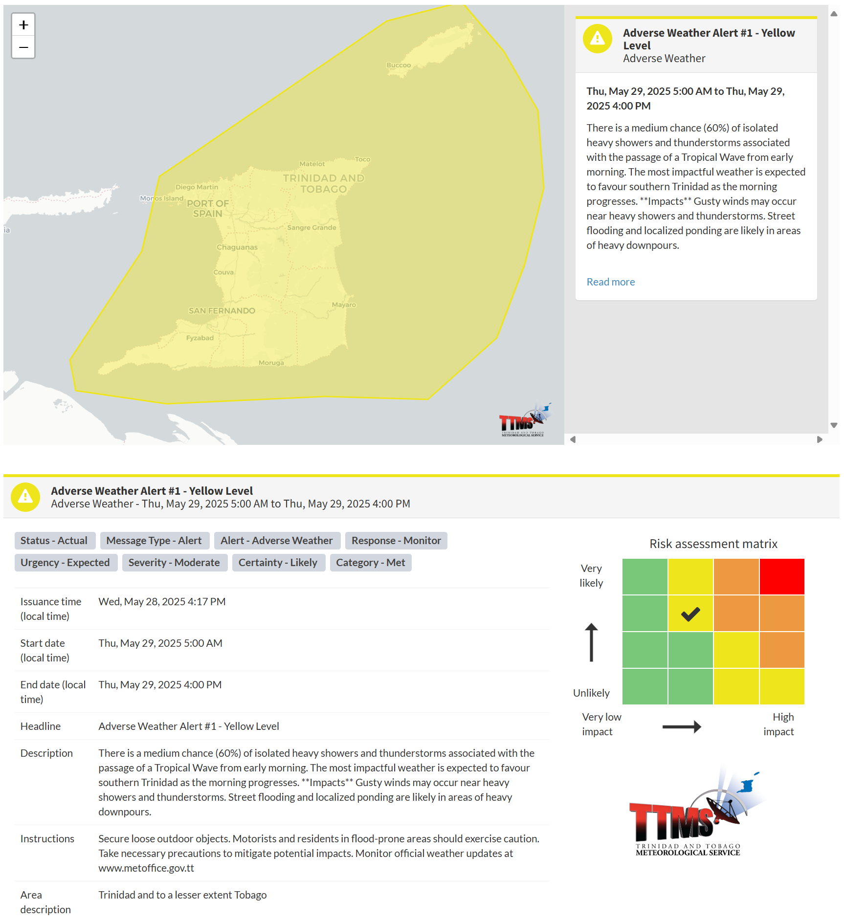 Adverse Weather Alert information from the Trinidad and Tobago Meteorological Service
