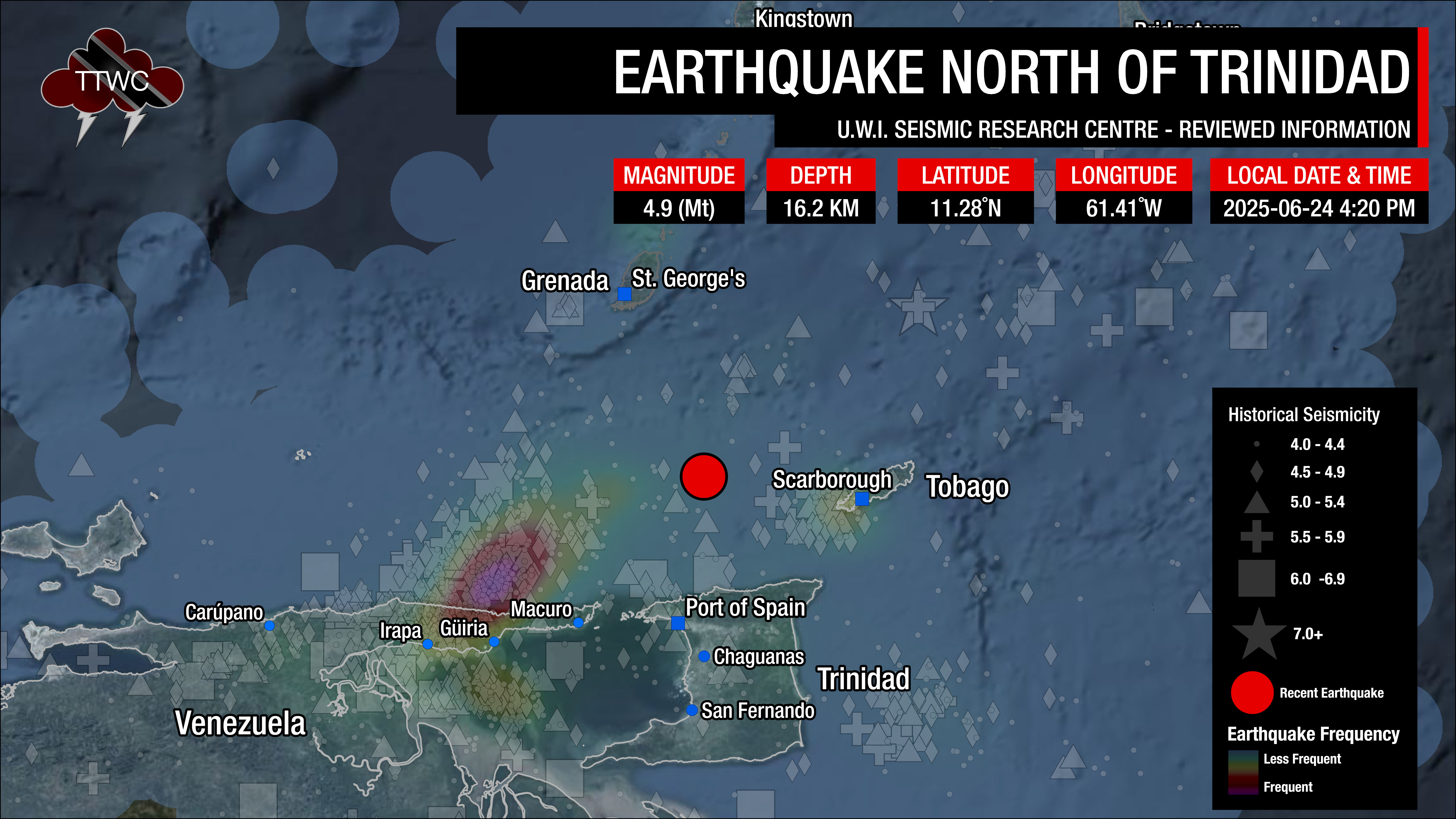 Historical seismicity is shown as a heat map, showing that the highest number of (most frequent) earthquakes occur north of Trinidad and west of Tobago, also known as Seismic Zone 4.