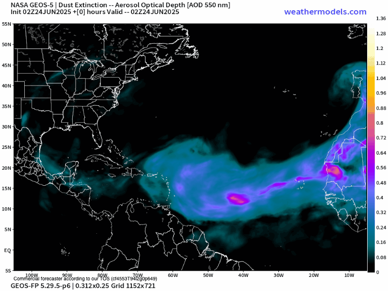00Z Tuesday, June 24th, 2025, NASA GEOS-5 Dust Extinction Monitoring Tropical Atlantic Dust Aerosol Optical Depth showing Saharan Dust. (Weathermodels.com)