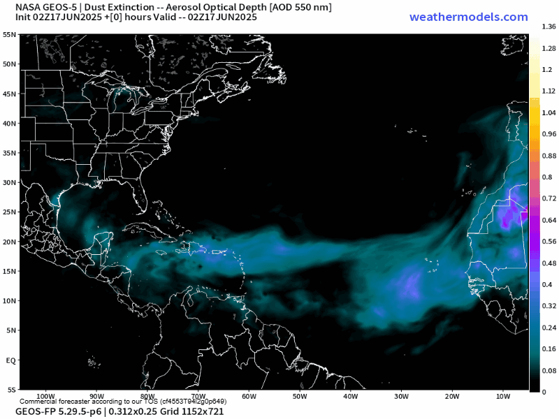 00Z Tuesday, June 17th, 2025, NASA GEOS-5 Dust Extinction Monitoring Tropical Atlantic Dust Aerosol Optical Depth showing Saharan Dust. (Weathermodels.com)