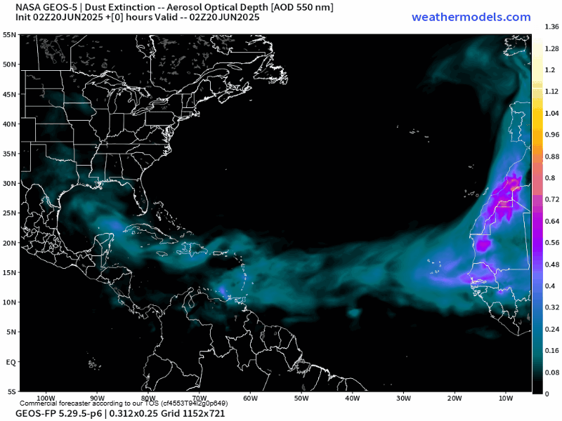 00Z Friday, June 20th 2025, NASA GEOS-5 Dust Extinction Monitoring Tropical Atlantic Dust Aerosol Optical Depth showing Saharan Dust. (Weathermodels.com)