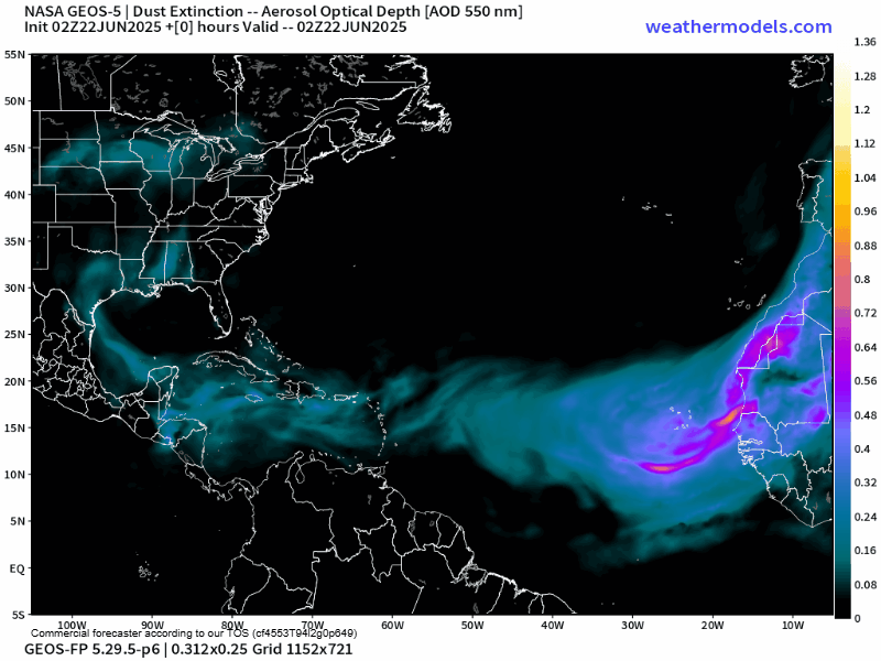 00Z Sunday, June 22nd, 2025, NASA GEOS-5 Dust Extinction Monitoring Tropical Atlantic Dust Aerosol Optical Depth showing Saharan Dust. (Weathermodels.com)