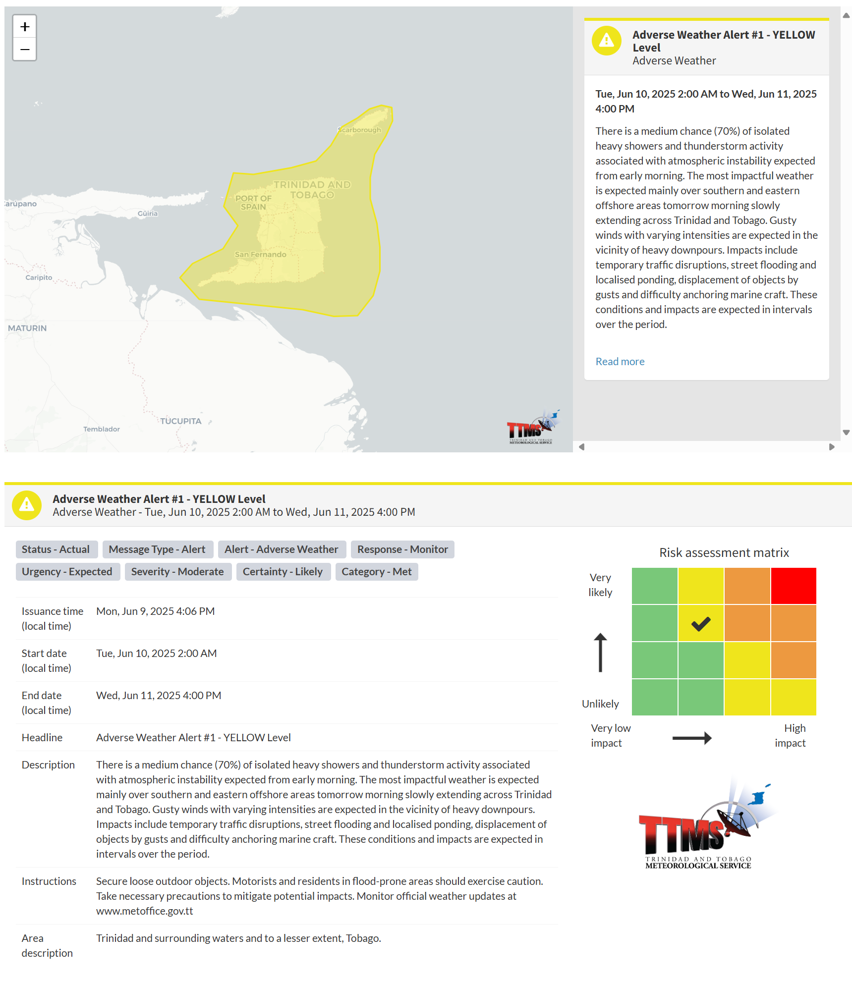 Adverse Weather Alert information from the Trinidad and Tobago Meteorological Service