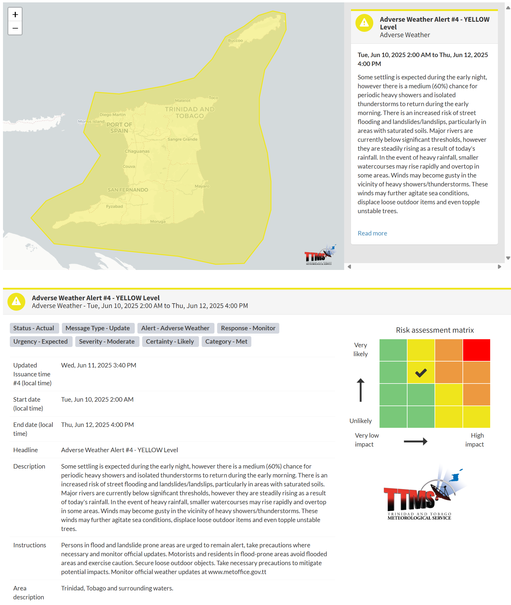 Adverse Weather Alert information from the Trinidad and Tobago Meteorological Service